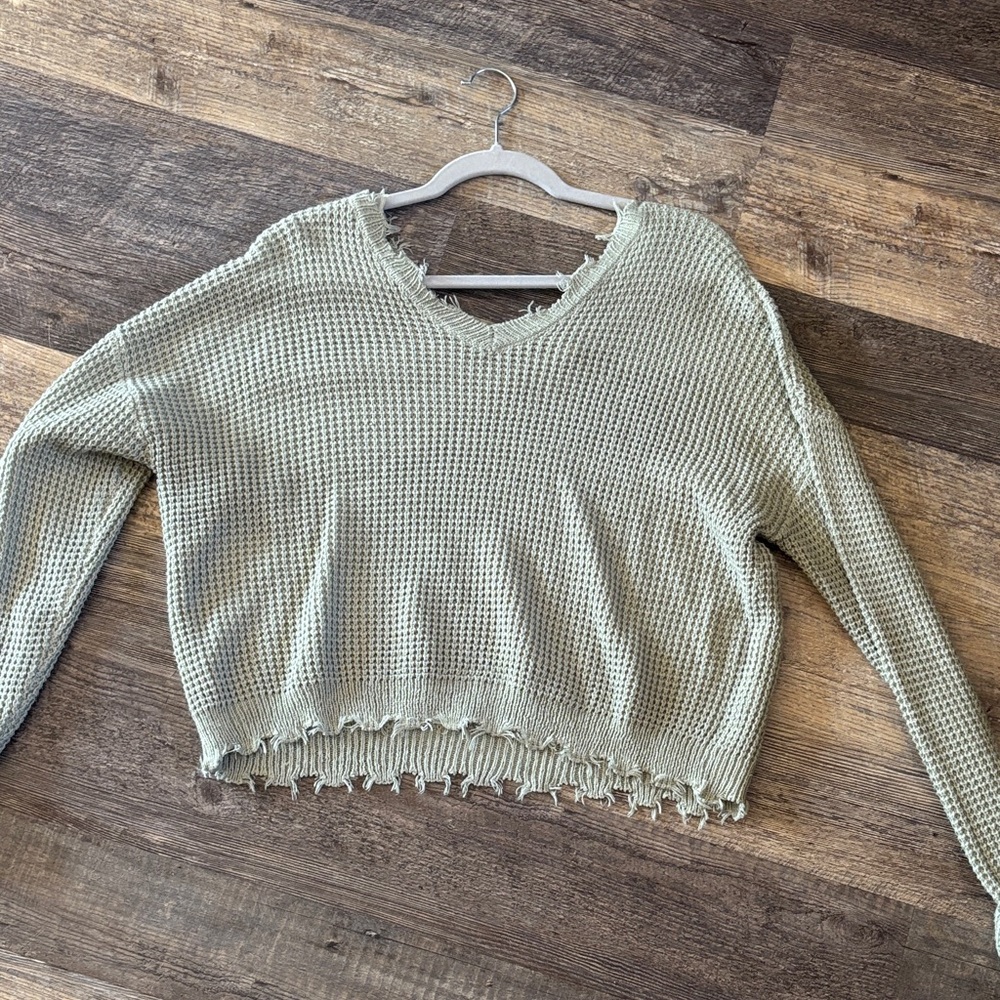 Green Distressed Knit Sweater